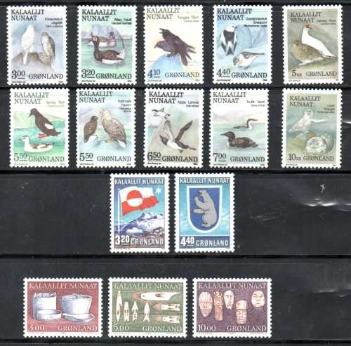 GREENLAND SELECTION OF ODD SINGLES UMM inc SHORT SET OF BIRDS. GOOD CV. AS PER SCANS.