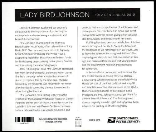 USA 2012 100TH ANNIV OF THE BIRTH OF LADY BIRD JOHNSON SELF-ADHESIVE SHEETLET. AS PER SCANS. NICE.