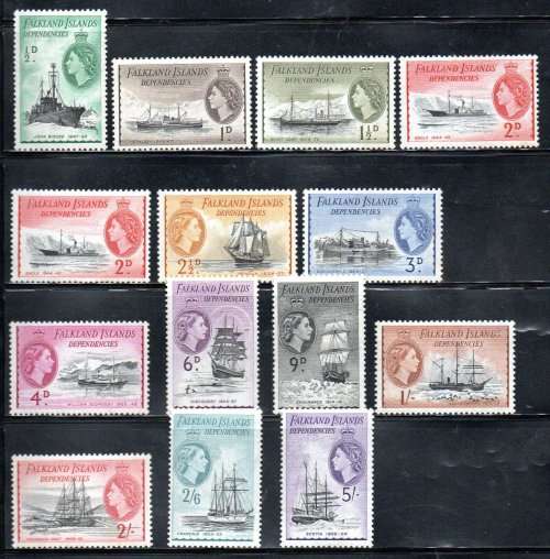 FALKLAND ISLANDS DEPS 1954-62 QEII MINT SHORT SET TO 5s. AS PER SCANS. SGG26/38. CV GBP 100+
