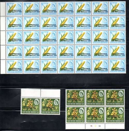 RHODESIA 1966 INDEPENDENCE OVPT SELECTION OF UMM BLKS, PART SHEETS ETC. AS PER SCANS. GOOD VALUE.