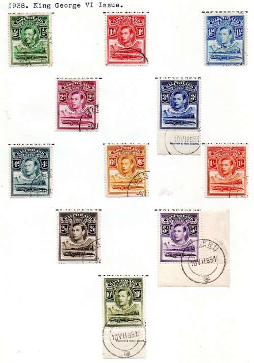 BASUTOLAND 1938 KGVI DEF ISSUE USED SET OF (X11) MOUNTED ON A PAGE. CC18-28. CV R870.