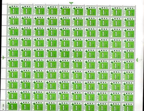 RSA 1972 POSTAGE DUE 1c FULL SHEETS OF (X100) (A+B) UMM. CC63. CV R2000+. AS PER SCANS.