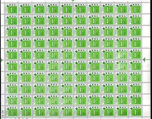 RSA 1972 POSTAGE DUE 1c FULL SHEETS OF (X100) (A+B) UMM. CC63. CV R2000+. AS PER SCANS.