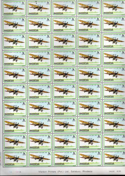 RHODESIA 1978 POWERED FLIGHT SET OF (X6) FULL SHEETS OF (X50) EACH UMM. FOLDED. UNCOMMON.