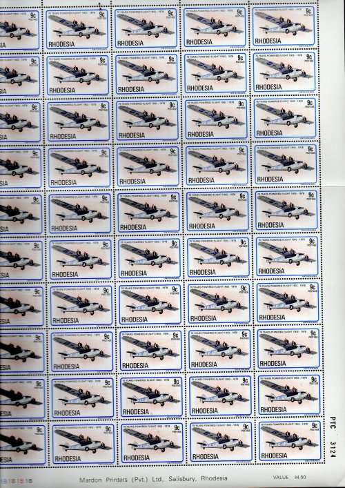 RHODESIA 1978 POWERED FLIGHT SET OF (X6) FULL SHEETS OF (X50) EACH UMM. FOLDED. UNCOMMON.
