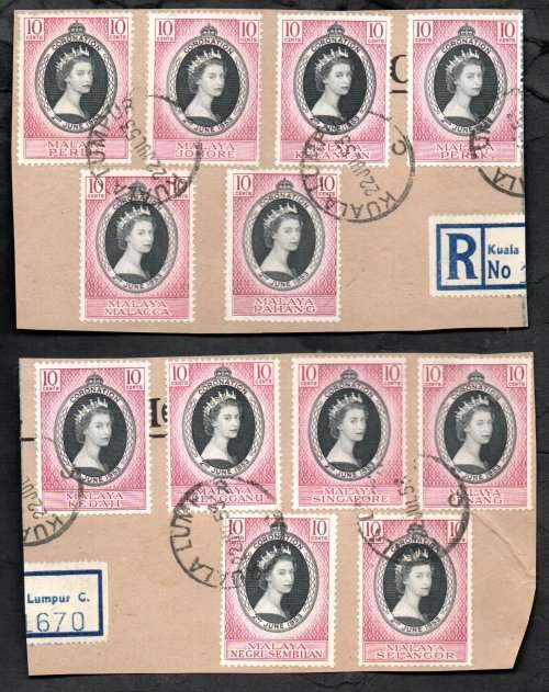 MALAYA STATES 1953 (X12) DIFFERENT QEII CORONATION STAMPS USED ON PIECE. AS PER SCANS.