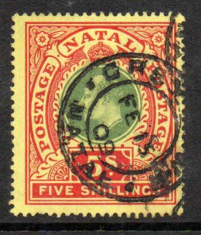 NATAL 1908-9 KEVII 5s USED SINGLE. SACC143. AS PER SCANS. CV R1500. NICE ITEM.