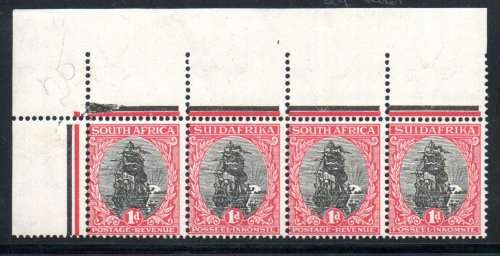 UNION 1926 LONDON 1d CNR STRIP OF (X4) UMM WITH `EXTENDED PERF+PROVING MARG+BLOTCH ON JUBILEE LINE`