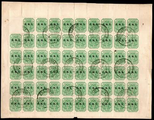 TRANSVAAL/ZAR ERI 1/2d OVERPRINT PART SHEET CANCELLED TO ORDER 24 JULY 1902. STUCK DOWN ON CARD.