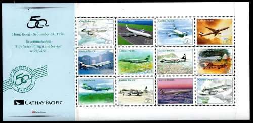 CATHAY PACIFIC 50 YEARS OF FLIGHT AND SERVICE COMMEM STAMP (LABEL) SHEET. AS PER SCANS. READ.