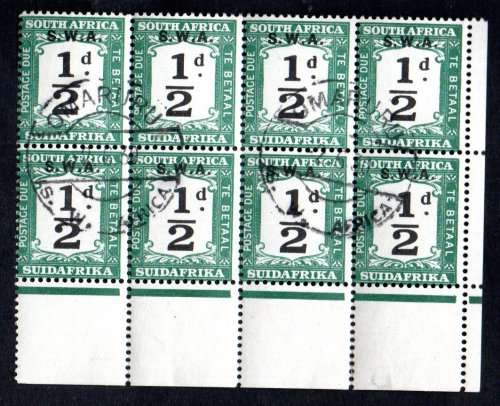 SWA 1928-29 POSTAGE DUE STAMPS OF SA OVPT 1/2d CNR BLK OF (X4) USED. CC39. AS PER SCANS. CV R400.