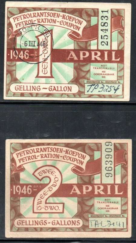 UNION 1946 WORLD WAR II PETROL RATION COUPONS (X2). AS PER SCANS. INTERESTING ITEMS.