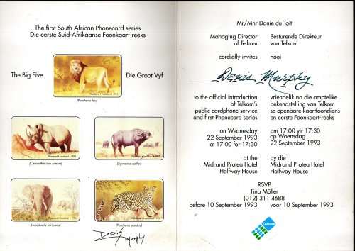 RSA 1993 INVITE TO DENIS MURPHY TO TELKOM PHONE CARDS BIG 5 SERIES LAUNCH + PRES PACK SIGNED. READ