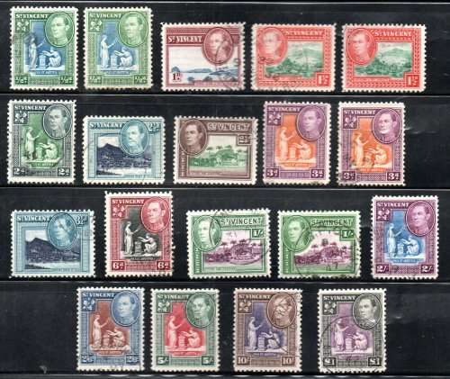 ST VINCENT 1938-47 KGVI USED SET OF (X15) + EXTRA SINGLES. AS PER SCANS. SG149/59. GOOD VALUE.