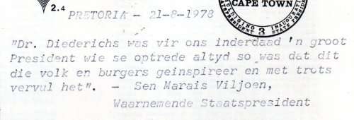 FOR KOLLEKTOR: RSA 1975 INAUG OF DR DIEDERICHS FDC 2.4 SIGNED BY `MARAIS VILJOEN.