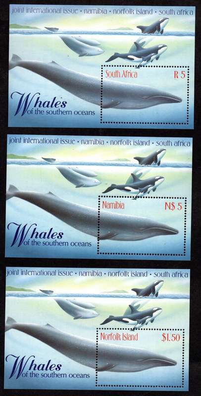 RSA/NAMIBIA/NORFOLK ISLAND 1998 WHALES OF THE SOUTHERN OCEANS ALL (X3) JOINT ISSUED MSHEETS UMM.