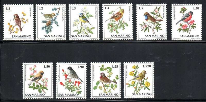 SAN MARINO 1972 BIRDS UMM SET OF (X10). AS PER SCANS. SG938/947. LOVELY THEMATIC SET.