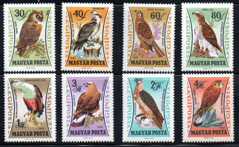 HUNGARY 1962 BIRDS OF PREY UMM SET OF (X8) VALUES. AS PER SCANS. SG1851/8. LOVELY SET. CV GBP 10.