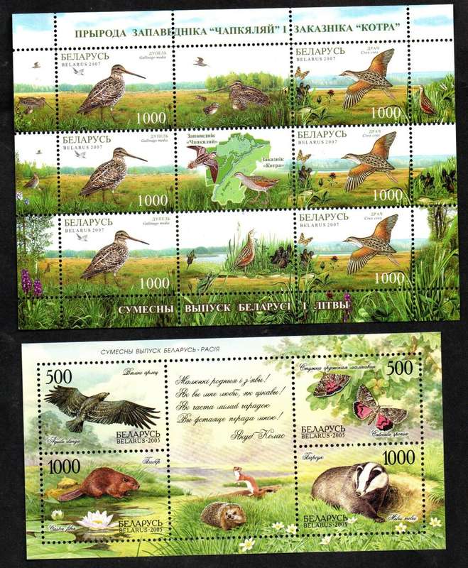 BELARUS 2005 FAUNA SHEET SGMS625 + 2007 NATURE RESERVES SETENANT SHEET SG696/7 UMM. CV GBP 11+