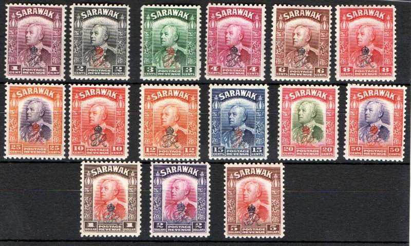 SARAWAK 1947 GR OVPT MMINT SET OF (X15) SINGLES. AS PER SCANS. SG150/64. CV GBP 24. NICE SET.