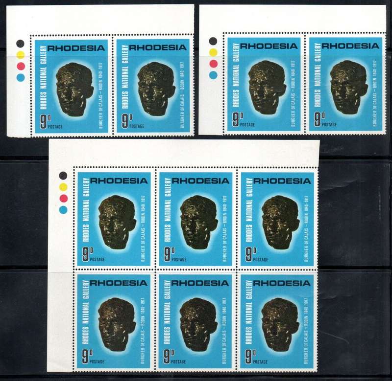 RHODESIA 1967 GALLERY UMM 9d BLK OF (X6) `BODIN FLAW+DOT UNDER HYPHEN` + PAIRS WITH `BODIN FLAWS`.