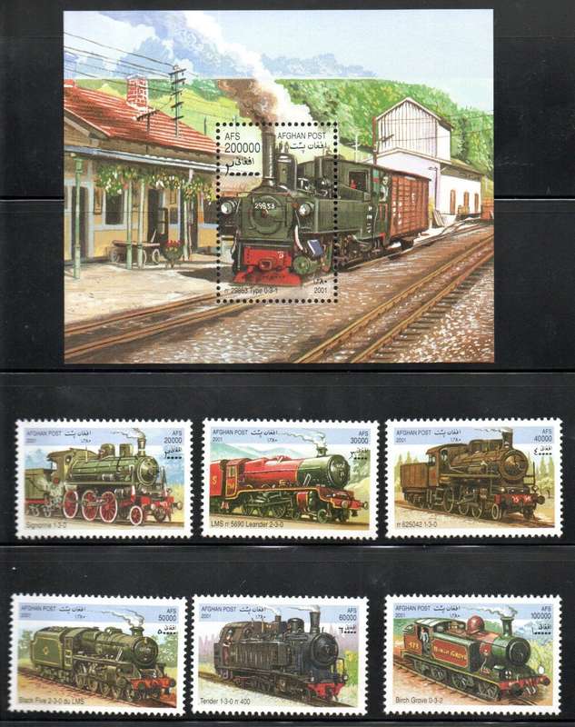 AFGHANISTAN 2001 STEAM LOCOMOTIVES UMM SET OF (X6) + MINI SHEET. AS PER SCANS. LOVELY THEMATIC ITEMS