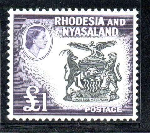 RHODESIA AND NYASALAND 1959 DEF ISSUE 1 POUND UMM  SINGLE. AS PER SCANS. CC32. CV R1100.
