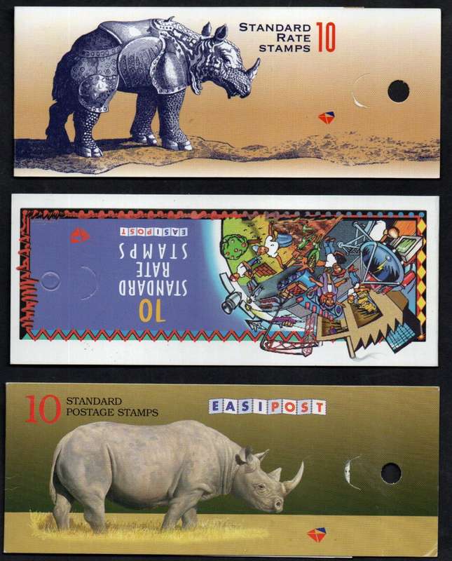 RSA SELECTION OF (X3) DIFFERENT RHINO BOOKLETS. (X1) WITH `INVERTED PANE`. AS PER SCANS.