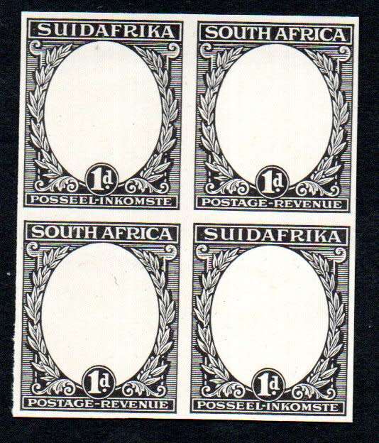 SOUTH AFRICA WATERLOW PROOFS OF 1d SHIP BLK OF (X4) ON UNGUMMED PAPER. FRAME ONLY IN BLACK.
