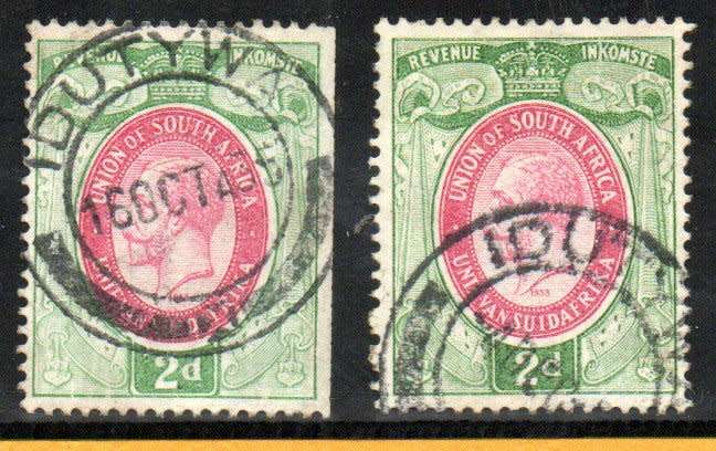UNION 1933 2d KGV REVENUE SINGLES `POSTALLY USED-IDUTYWA 16/10/1935` (X2). AS PER SCANS. BAREFOOT 18