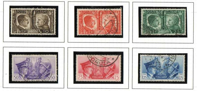 ITALY 1941 ITALO-GERMAN FRIENDSHIP (HITLER+MUSSOLINI) USED SET OF (X6). SG553-58. CV GBP 17.6.