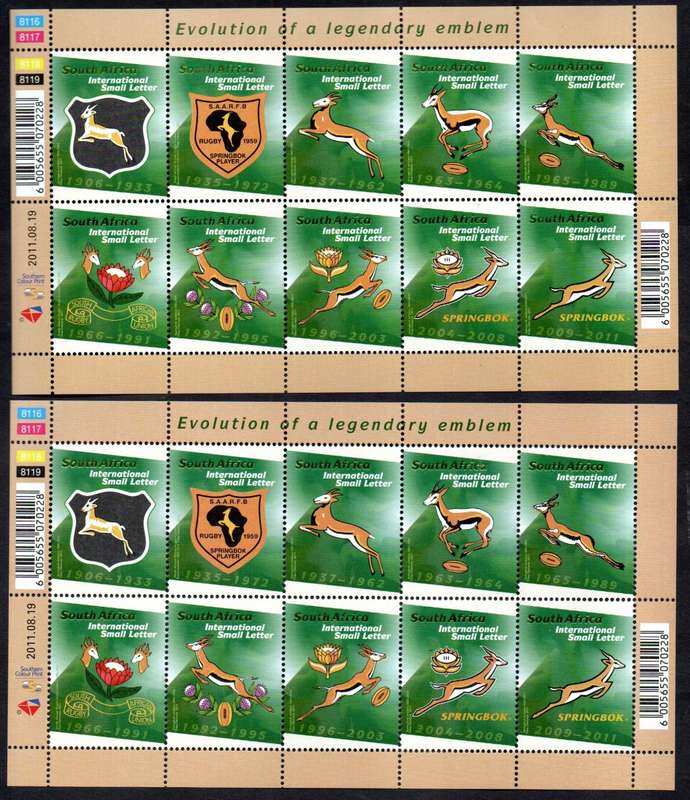 RSA 2011 EVOLUTION OF SPRINGBOK RUGBY EMBLEM (X2) UMM SHEETS OF (X10). SACC2208. TOTAL CV R1200.