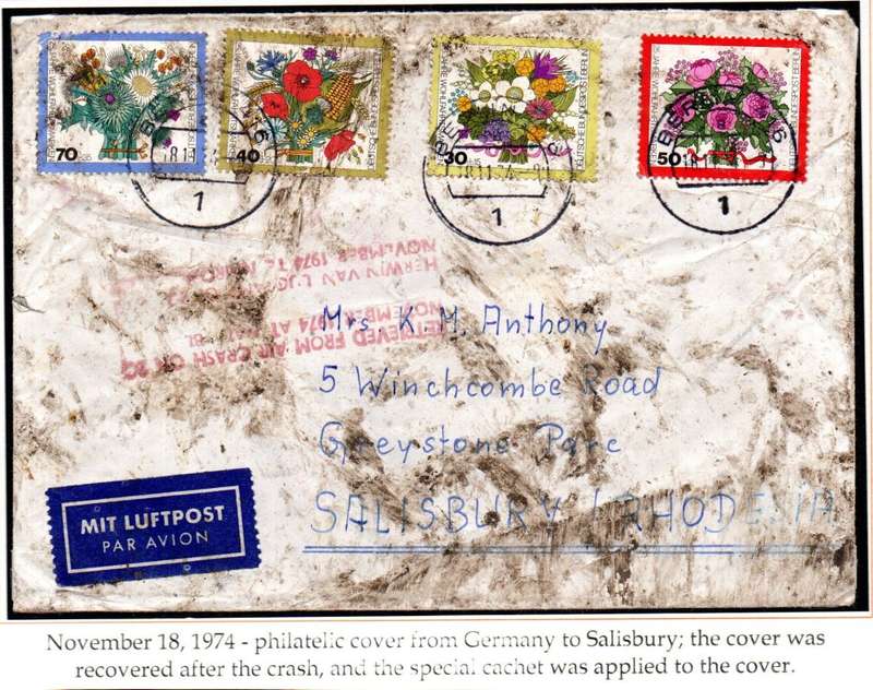 GERMANY 1974 LUFTHANSA CRASH COVER GERMANY-RHODESIA RECOVERED IN NAIROBI `SPECIAL CACHET APPLIED`.