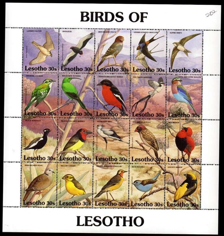 LESOTHO 1992 BIRDS SETENANT SHEET OF (X20) UMM. SG1064/83. AS PER SCANS. CV GBP 14.5. NICE SHEET.