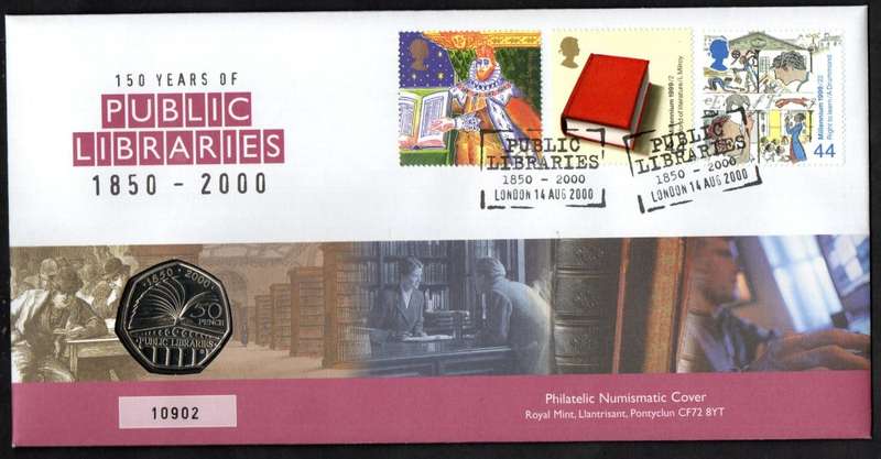 GB 2000 150 YEARS OF PUBLIC LIBRARIES PHILATELIC NUMISMATIC (COIN) COVER. FANTASTIC ITEM.
