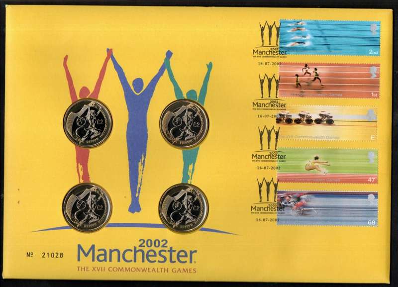 GB 2002 COMMONWEALTH GAMES PHILATELIC NUMISMATIC/COIN COVER. (X4) TWO POUND COINS. NICE ITEM.