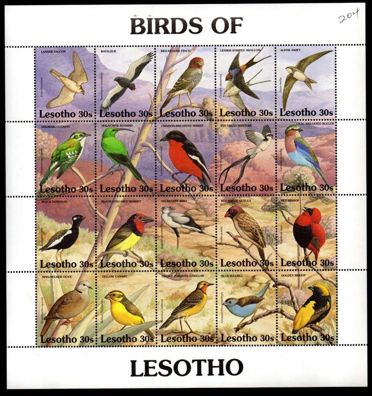 LESOTHO 1992 BIRDS SETENANT SHEET OF (X20) UMM. SG1064/83. AS PER SCANS. CV GBP 14.5. NICE SHEET.