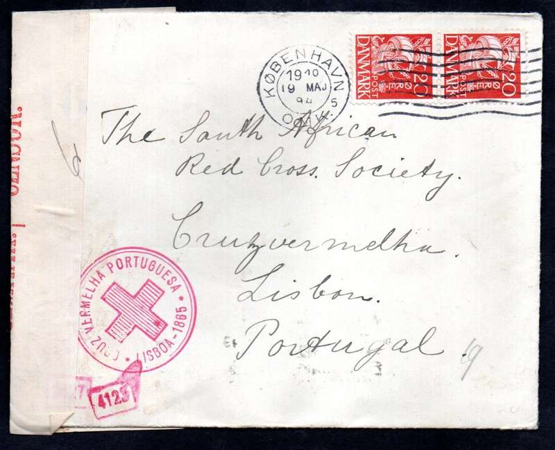 DENMARK TO PORTUGAL WORLD WAR II COVER TO SA RED CROSS SOCIETY. DOUBLE CENSOR TAPE (GERMAN+UNION).