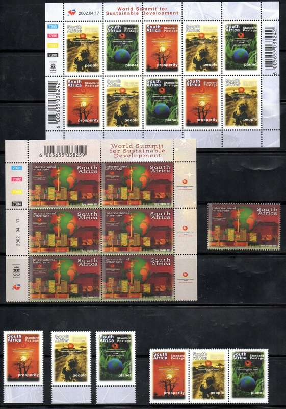 RSA 2002 WORLD SUMMIT 1ST ISSUE SHEETLET, STRIP, SINGLES + CONTROL OF (X6)+ SINGLE. CV R689.