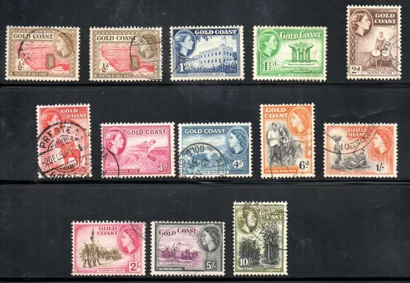 GOLD COAST 1952-4 QEII USED SET OF (X12) + 1.2d SHADE. SG153/164. AS PER SCANS. CV GBP 26.