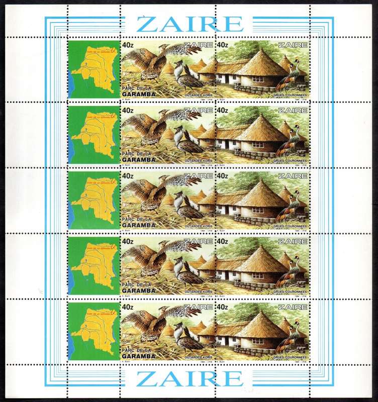 ZAIRE 1984 GARAMBA NATIONAL PARK 40z FULL SETENANT SHEET OF (X10) UMM. FOLDED. SG1178/9. CV GBP 57+.