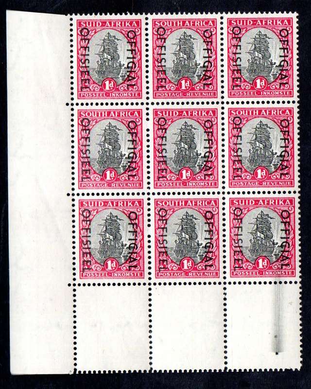 UNION 1950-4 OFFICIAL 1d CORNER BLK OF (X9) UMM WITH "NICE BLACK SMUDGE". AS PER SCANS.