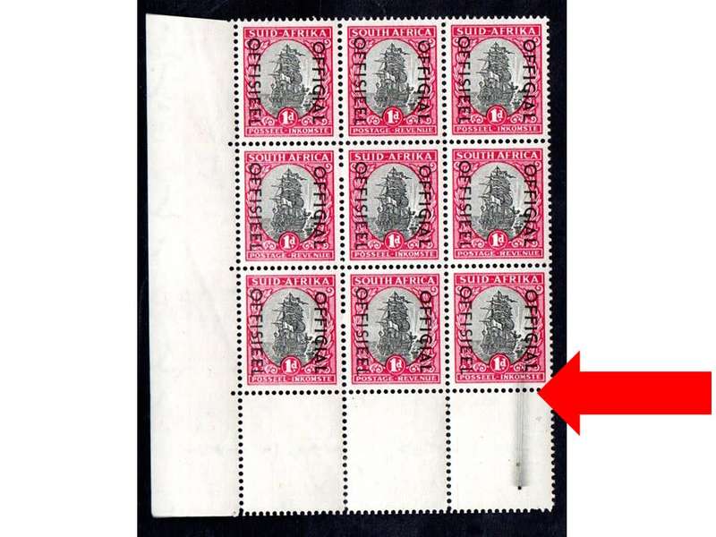 UNION 1950-4 OFFICIAL 1d CORNER BLK OF (X9) UMM WITH "NICE BLACK SMUDGE". AS PER SCANS.