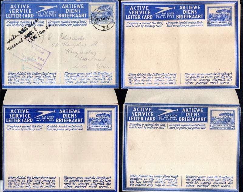 UNION 1940s SELECTION OF (X3) UNUSED ACTIVE SERVICE LETTER CARDS + (X1) USED/CENSORED. AS PER SCANS.