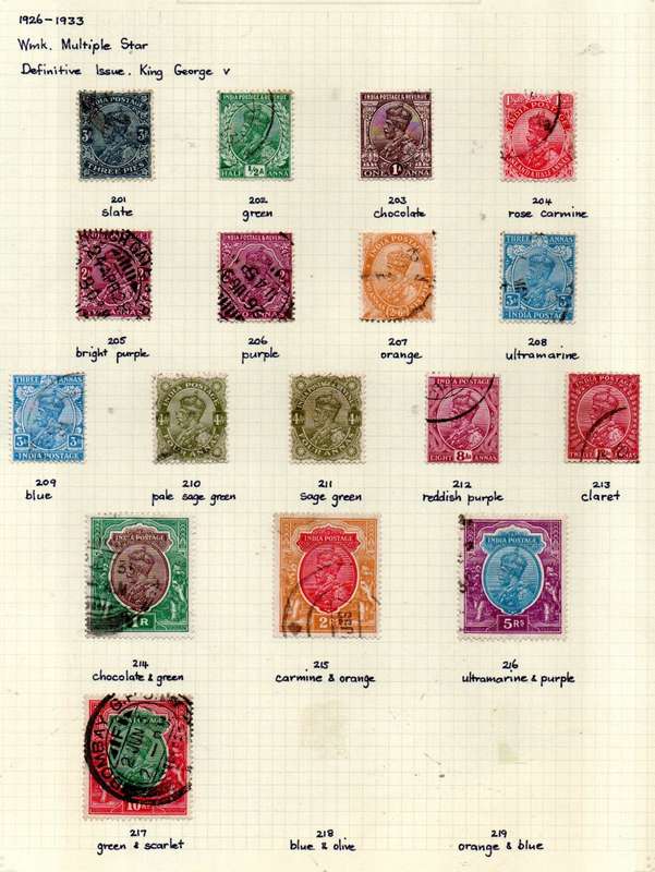 INDIA 1926-33 KGV USED SINGLES MOUNTED ON A PAGE. AS PER SCANS.