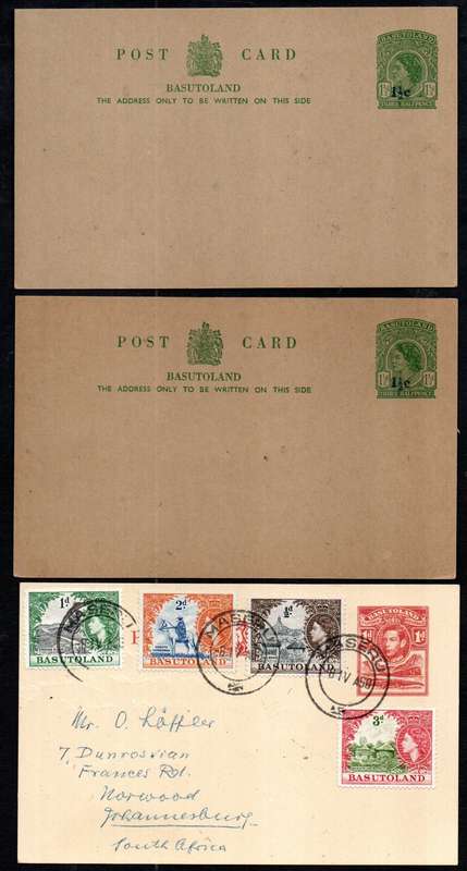 BASUTOLAND SELECTION OF (X2) QEII UNUSED POSTCARDS + KGVI CARD USED. AS PER SCANS. NICE ITEMS.