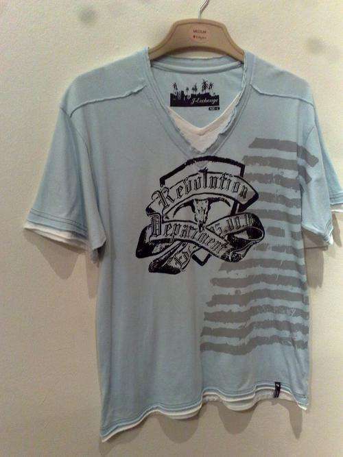 R1 no reserve!!! Men's Genuine J-Exchange T-Shirt Stylish Blue & Black Grey Stripes Size: Large - XL