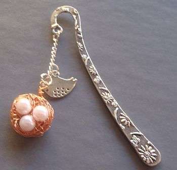 Birdnest (with pink pearls) silver bookmark