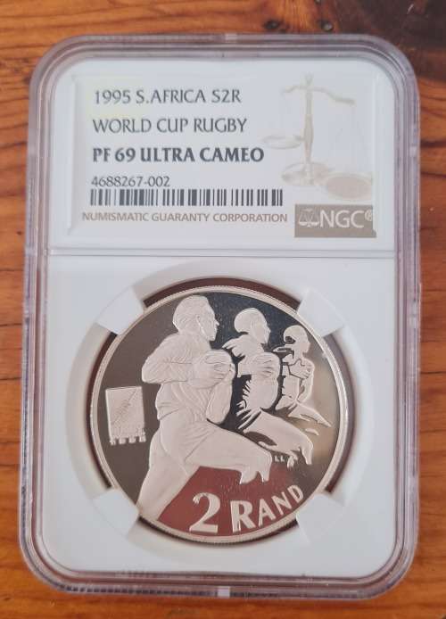 1995 SA Silver 2 Rand - World Cup Rugby - PF69 Ultra Cameo