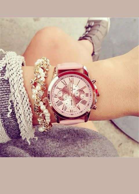 New Fashion Geneva Women Leather Band Stainless Steel Quartz Analog Wrist Watch